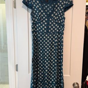 Marc By Marc Jacobs Teal and White Patterned Midi Dress cap sleeve